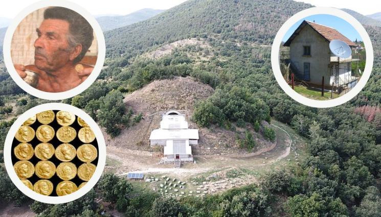 Императора открива гробницата в Старосел. На малките снимки Демирев пие вино от тракийски златен бокал, част от античните монети, иззети от дома му и къщата му, в която сега живее младо семейство.